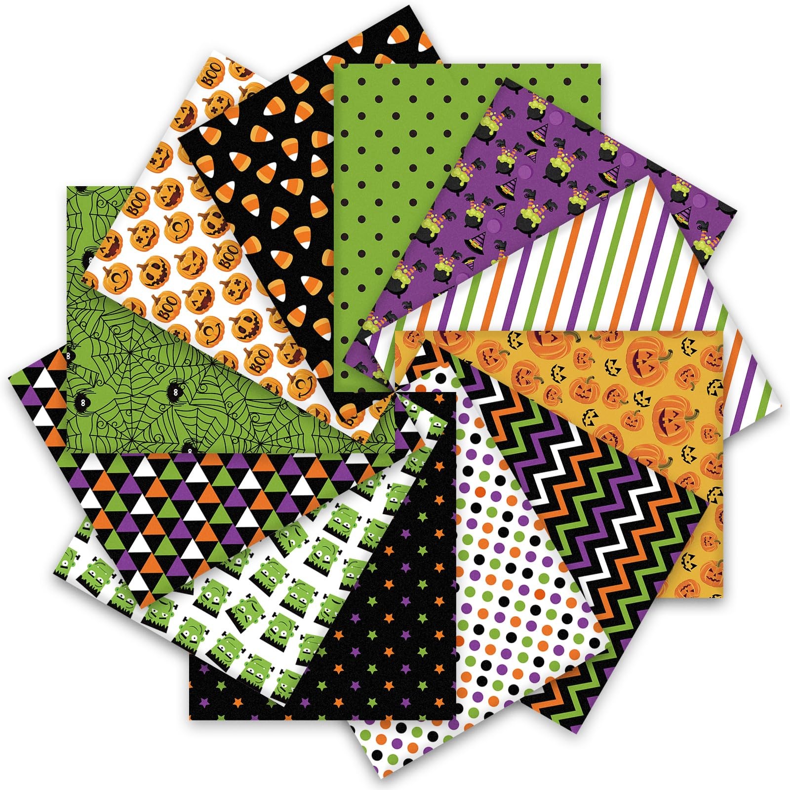 Whaline 12Pcs Halloween Cotton Fabric Bundles 18 x 22 Inch Spider Web Pumpkin