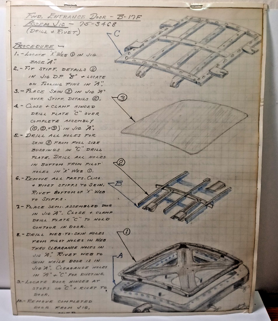 WWII Hand Drawn Pencil Assembly Instructions FWD Entrance Door B -17F JRR23