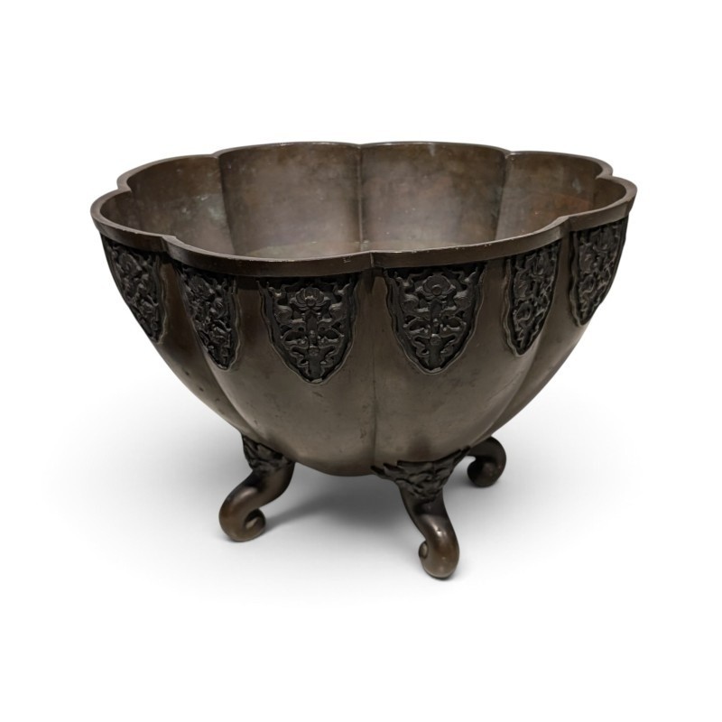 Antique Japanese Bronze Polylobed Bowl Dragon Lotus Decor Early 20th C