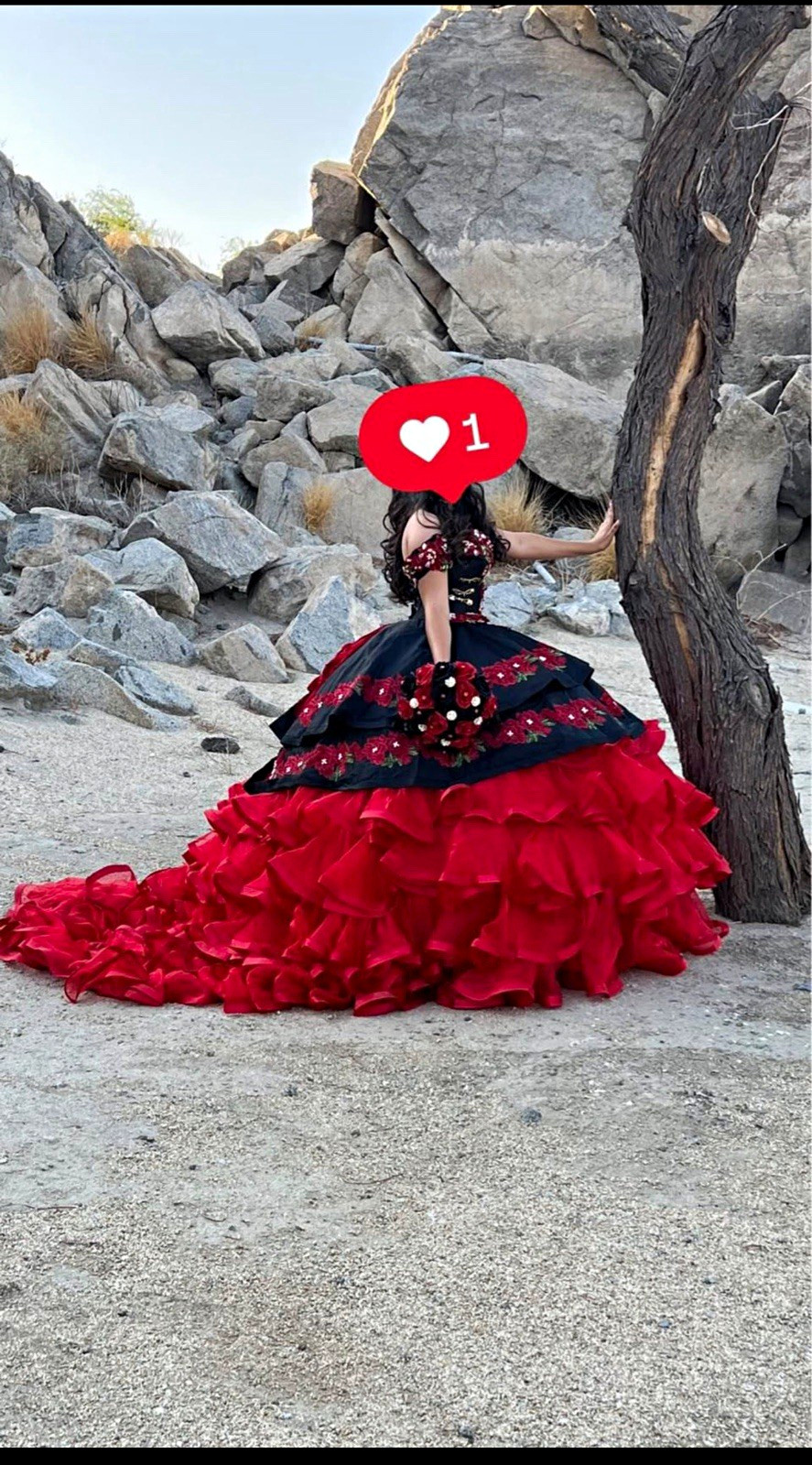 Handmade Girls Red/Black Formal Quinceañera Dress S Floral Beaded Ruffle