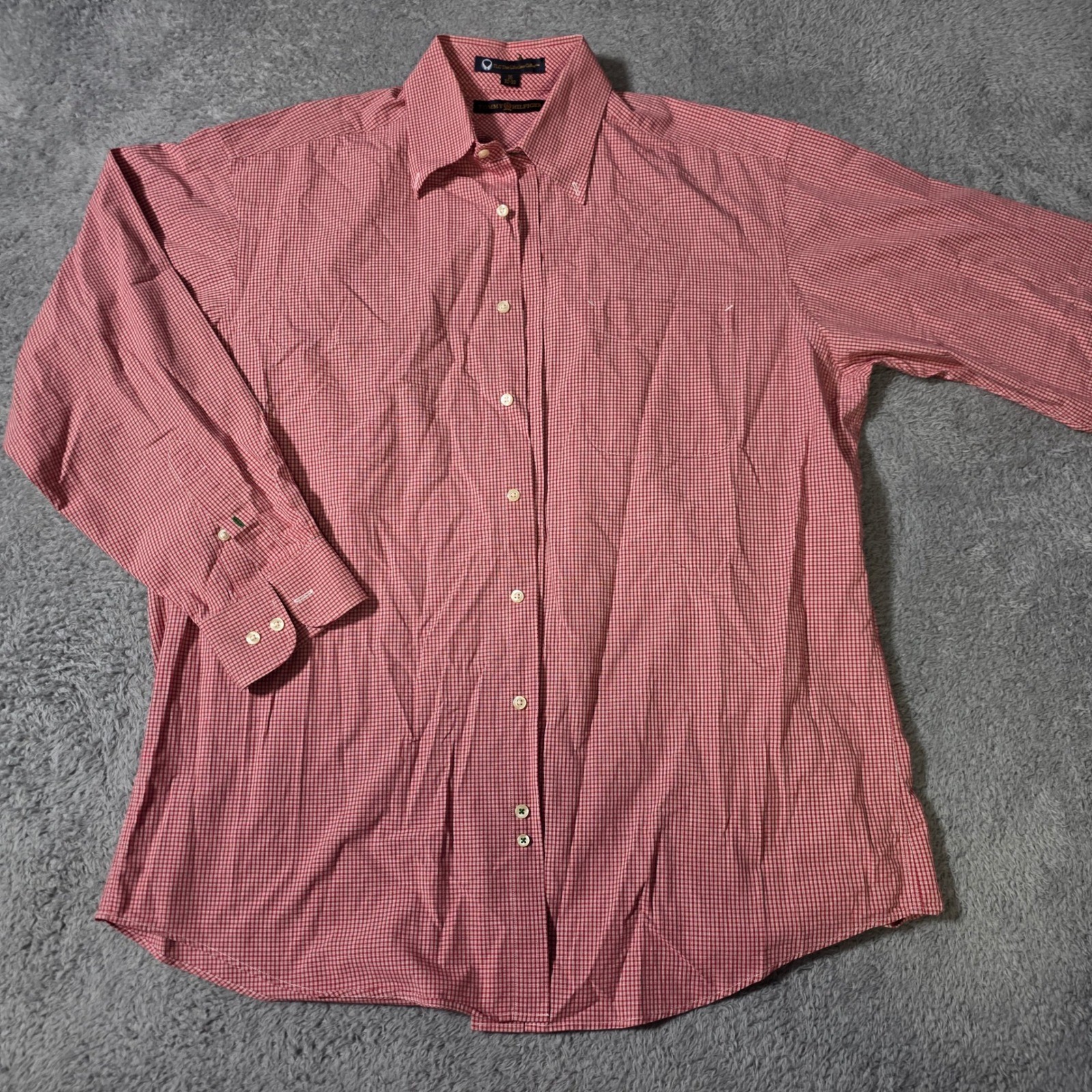 Tommy Hilfiger Mens 16 32-33 Button Down Shirt Red Gingham Micro Check Long Slv