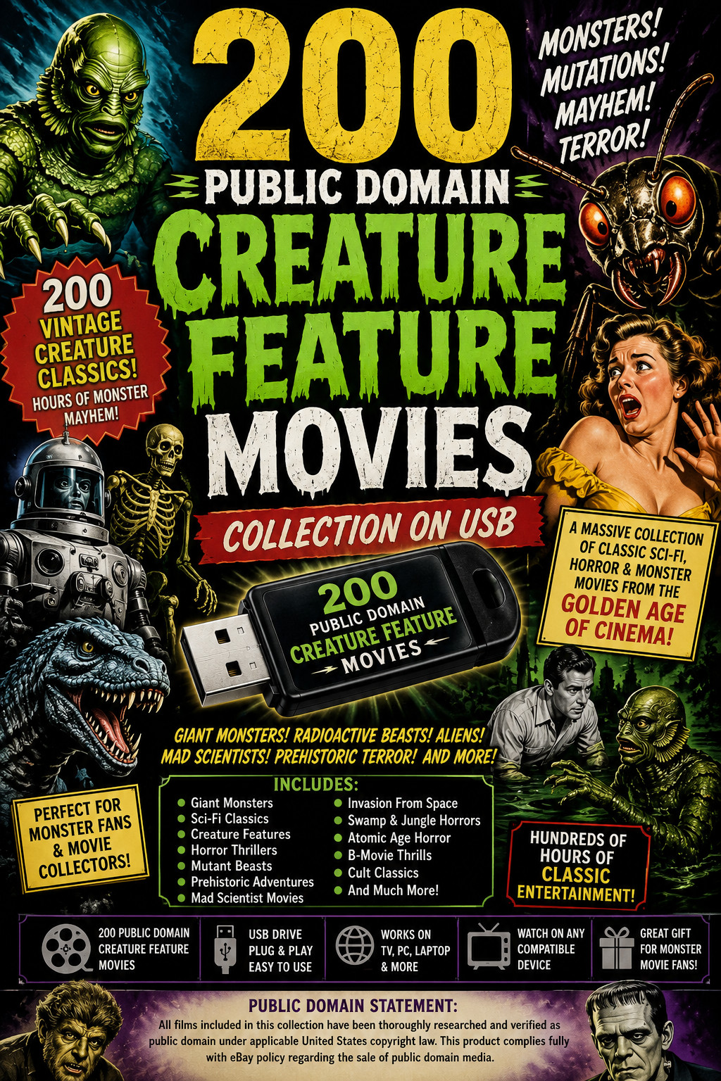 200 Public Domain Creature Feature Movies Collection on USB
