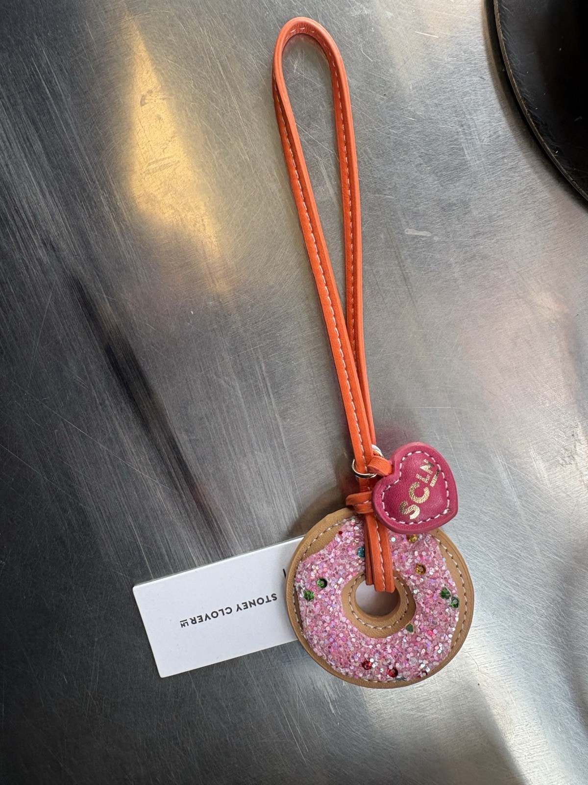 Stoney Clover Lane Donut Bag Charm Keychain Pink Glitter w/ Orange Strap