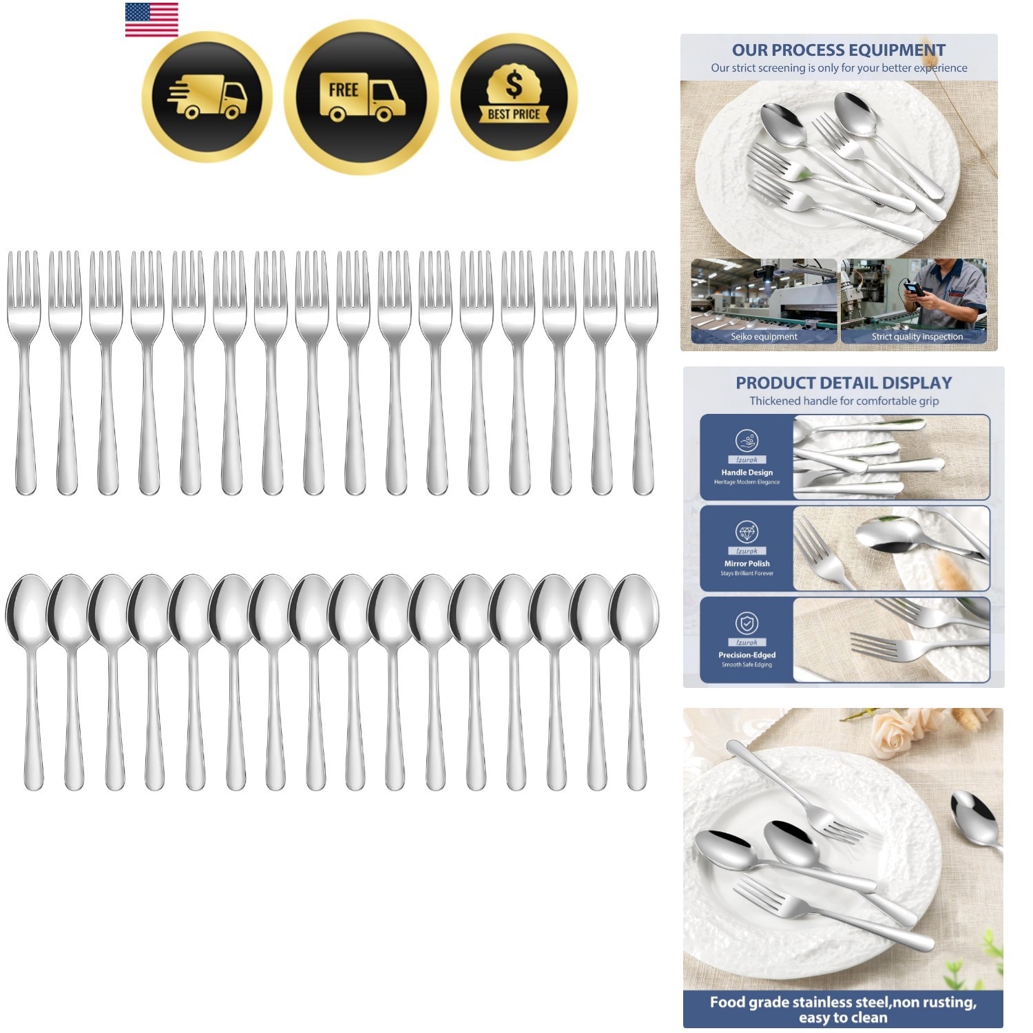 32-Piece Forks and Spoons Set,  Stainless Steel Silverware, Mirror Polished &...