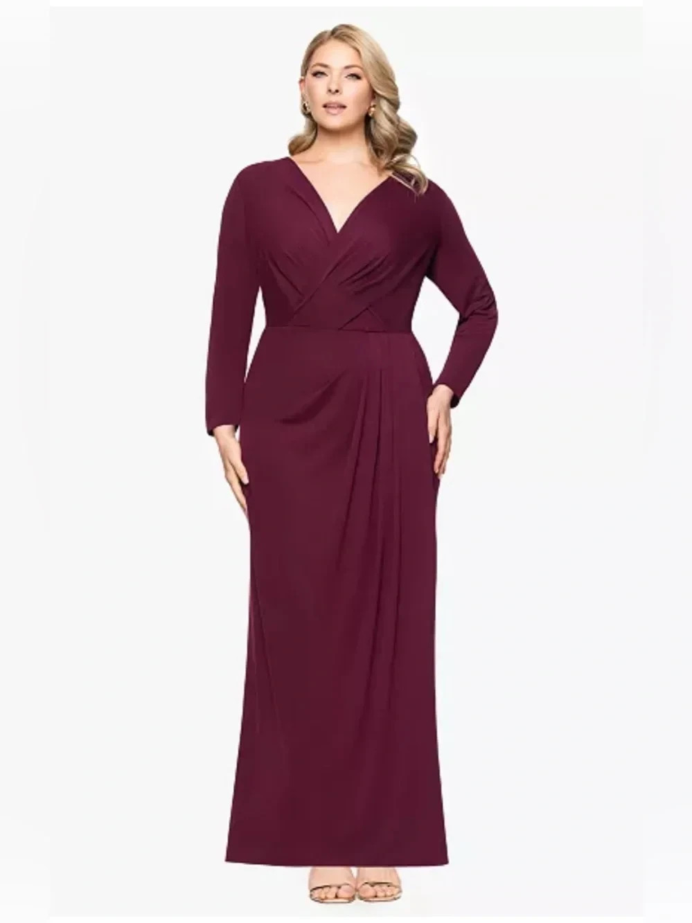 Betsy & Adam Wine Burgundy Long-Sleeve Matte Jersey Dress  Size 16W $269