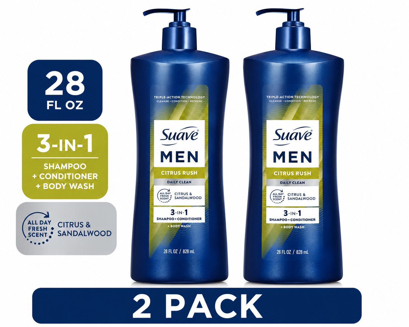 2x Men's 3-in-1 Shampoo Conditioner and Body Wash,Glycerin and Keratin 28 oz