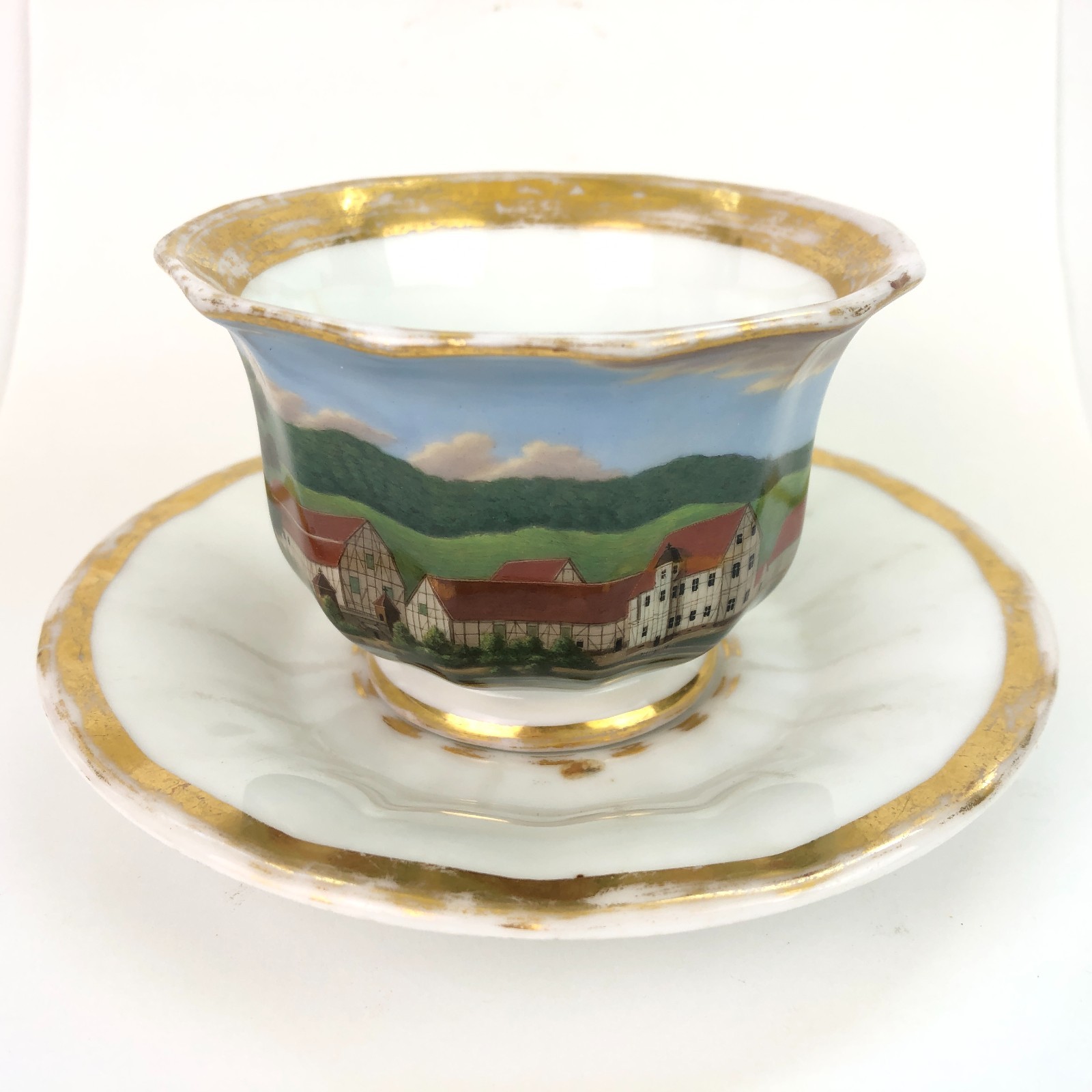 Beautiful Antique German Village Hand Painted Cup & Saucer