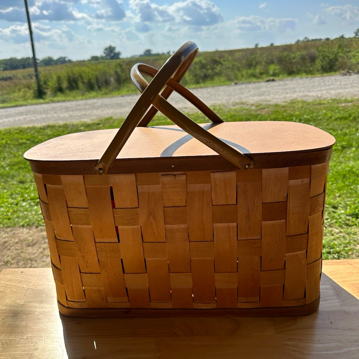 Vintage Peterboro Basket Co Large Wood Splint Picnic Basket Hinged Lid 20\