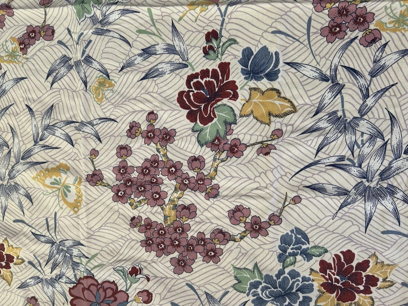 Vintage Floral Fabric Duralee Cream And Purple Blue Green 52 X 45 