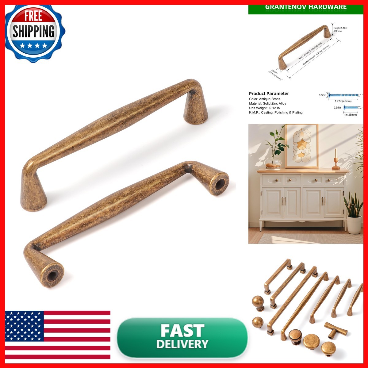 GRANTENOV 10 Pack 3-3/4 Inch Hole Center Antique Brass Cabinet Pulls Vintage