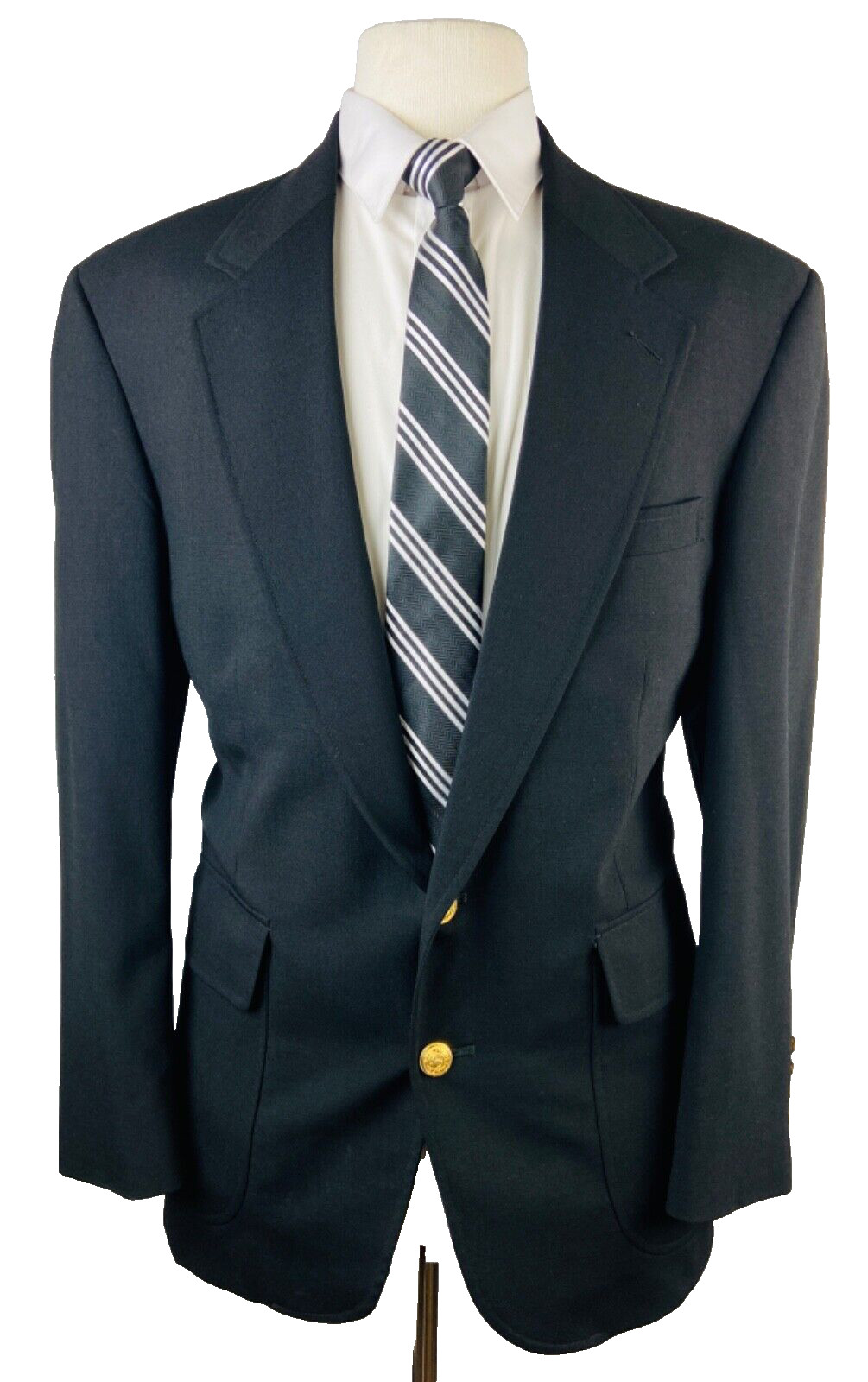 VINTAGE LANDS END MENS 40S BLACK WOOL GOLD BUTTON BLAZER SPORT COAT SUIT JACKET
