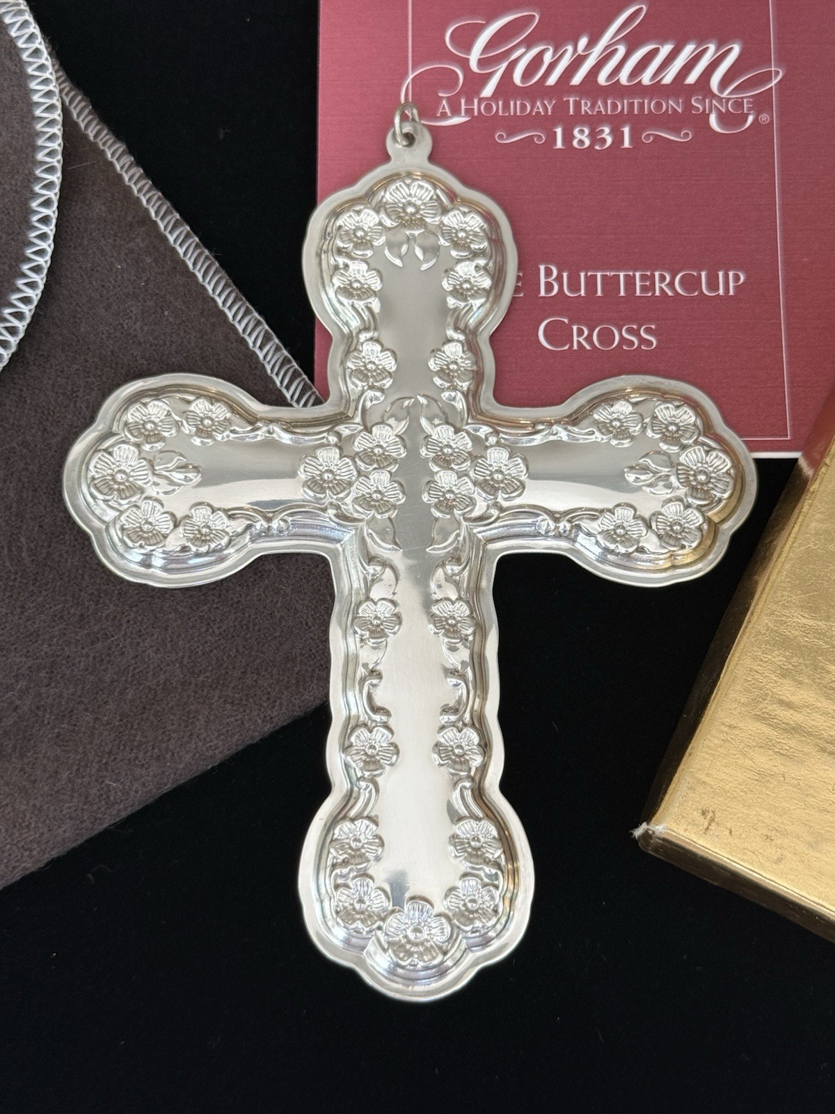 2000 Gorham Sterling Silver Buttercup Cross Christmas Ornament Pendant Box/Bag