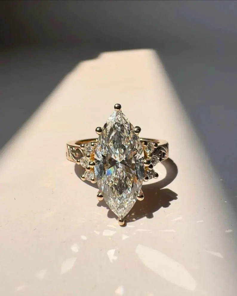 2.30Ct Marquise-Cut EF Lab Grown Diamond Vintage Engagement Ring 14k Yellow Gold