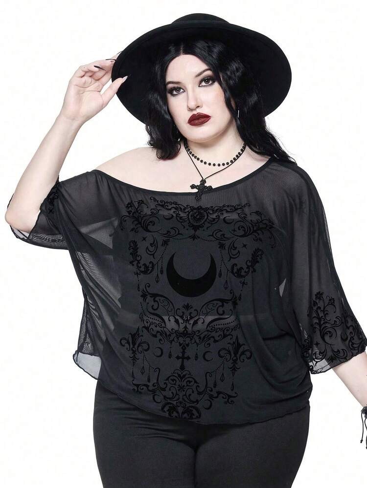 Romwe Romantic Gothic Retro Baroque Vine Moon Pattern Sheer Top Black 2XL NWT Romwe Romantic Gothic Retro Baroque Vine Moon Pattern Sheer Top Black 2XL NWT