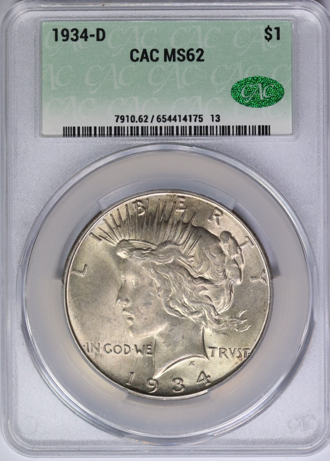 1934-D CACG Silver Peace Dollar MS62 CAC US Coin