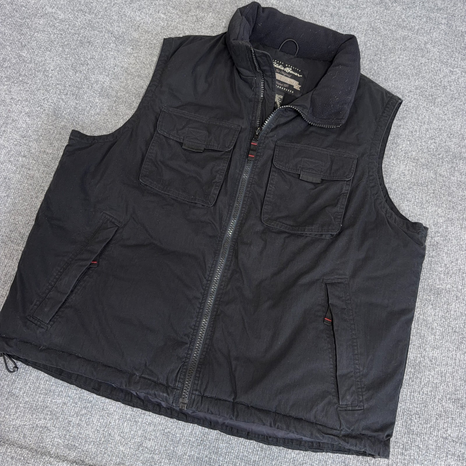 Vintage Eddie Bauer Down Puffer Vest Men XL Black Full Zip Utility Zip Pockets