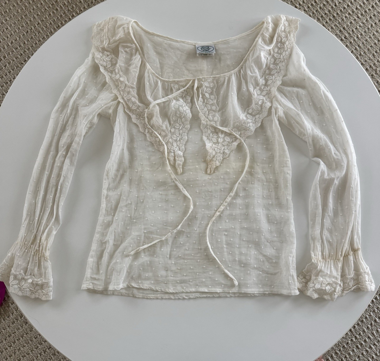 Laura Ashley Vintage Bohemian Peasant Dot Textured Cotton White Lacey Blouse Sz8 Laura Ashley Vintage Bohemian Peasant Dot Textured Cotton White Lacey Blouse Sz8