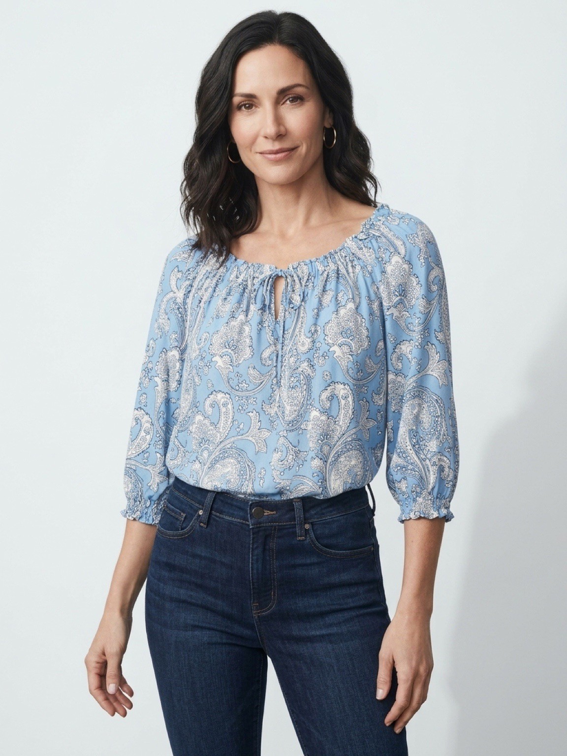 TALBOTS PLUS Blue/White Paisley Print Smocked Keyhole Neckline Top Sz 1X