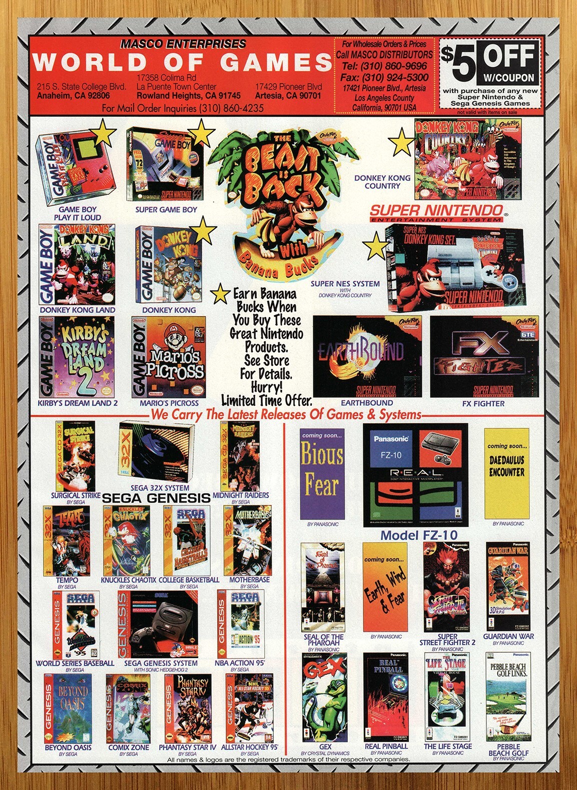 1995 MASCO World of Video Games Print Ad/Poster Donkey Kong Country SNES Art 90s