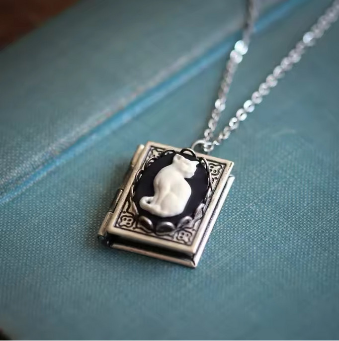 Gothic Cat Cameo on Tiny Book Shaped Pendant Necklace Locket New