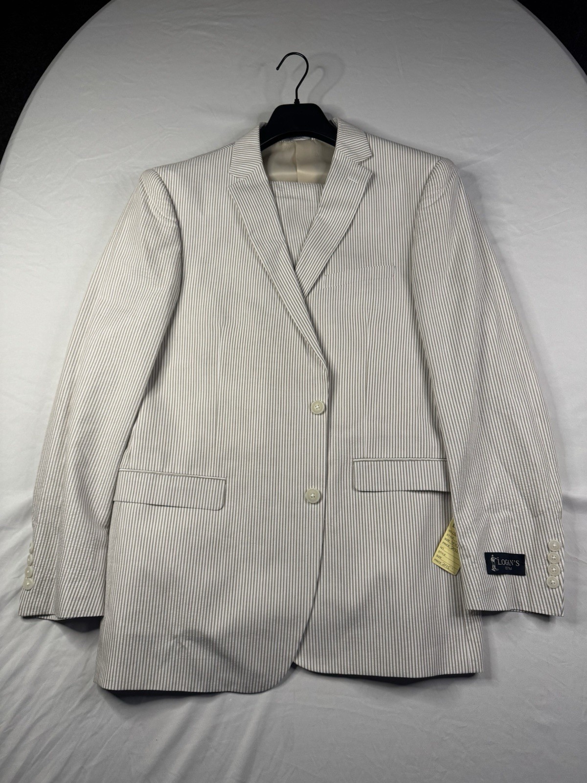 Adolfo Seersucker Suit Striped Dressy Summer Suit 2 Button C624 Tan 48R 43W