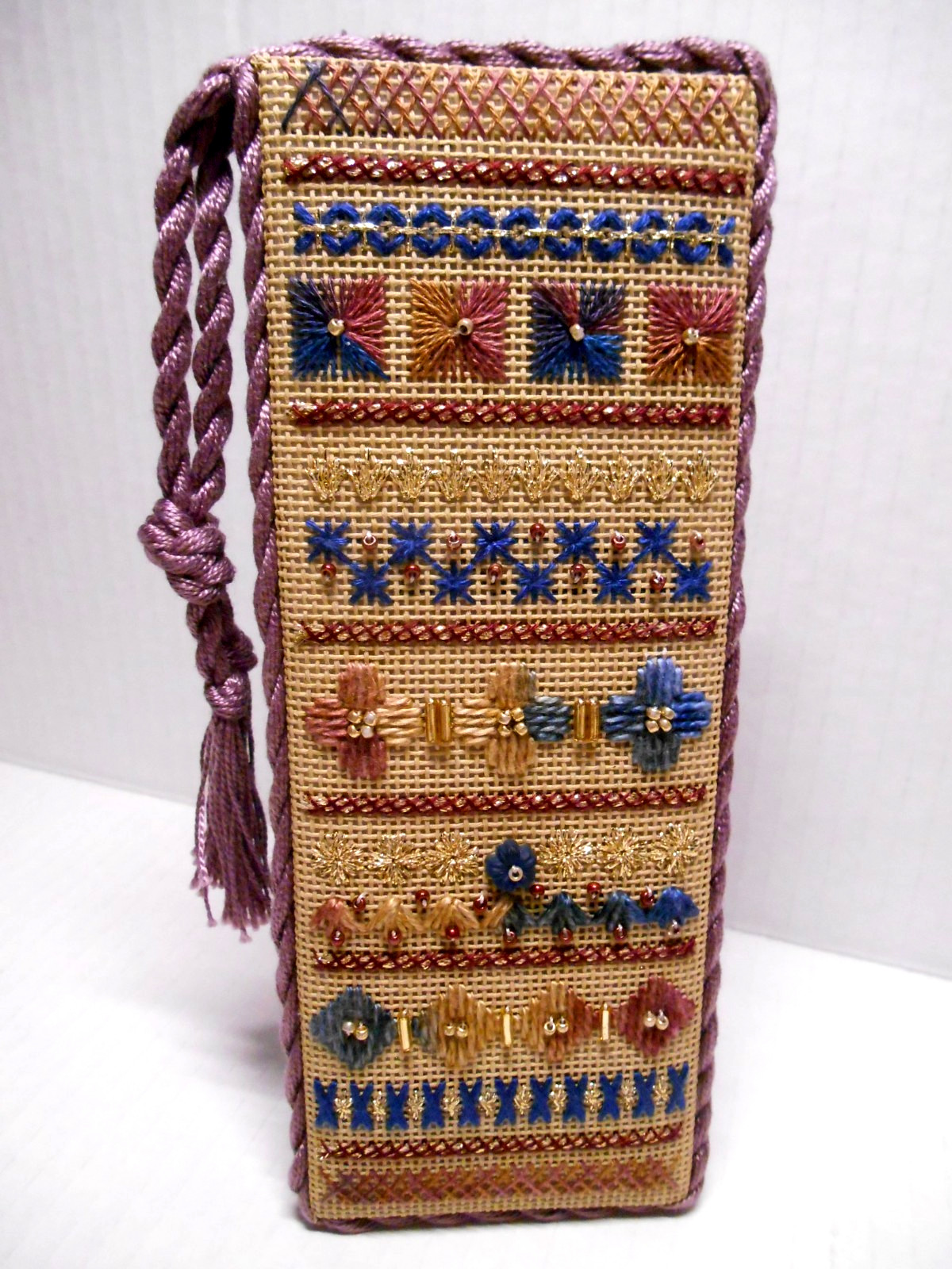 Vintage Handmade Needlepoint Stand-up Shelf Sitter SAMPLER Completed 7\