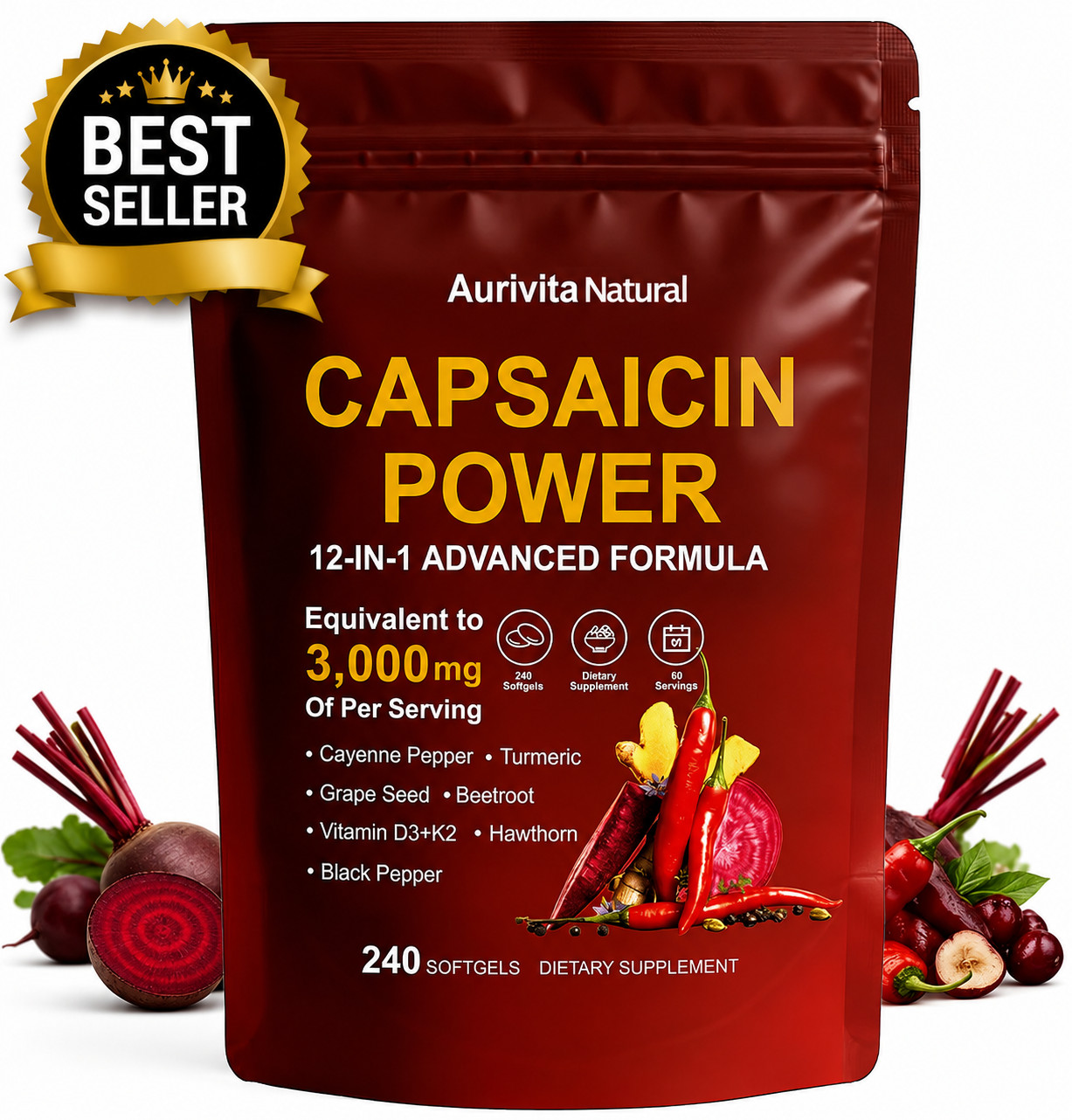Aurivita Capsaicin Softgels,aurivita Capsaicin Power，with Vitamin E, D3+K2, Grap