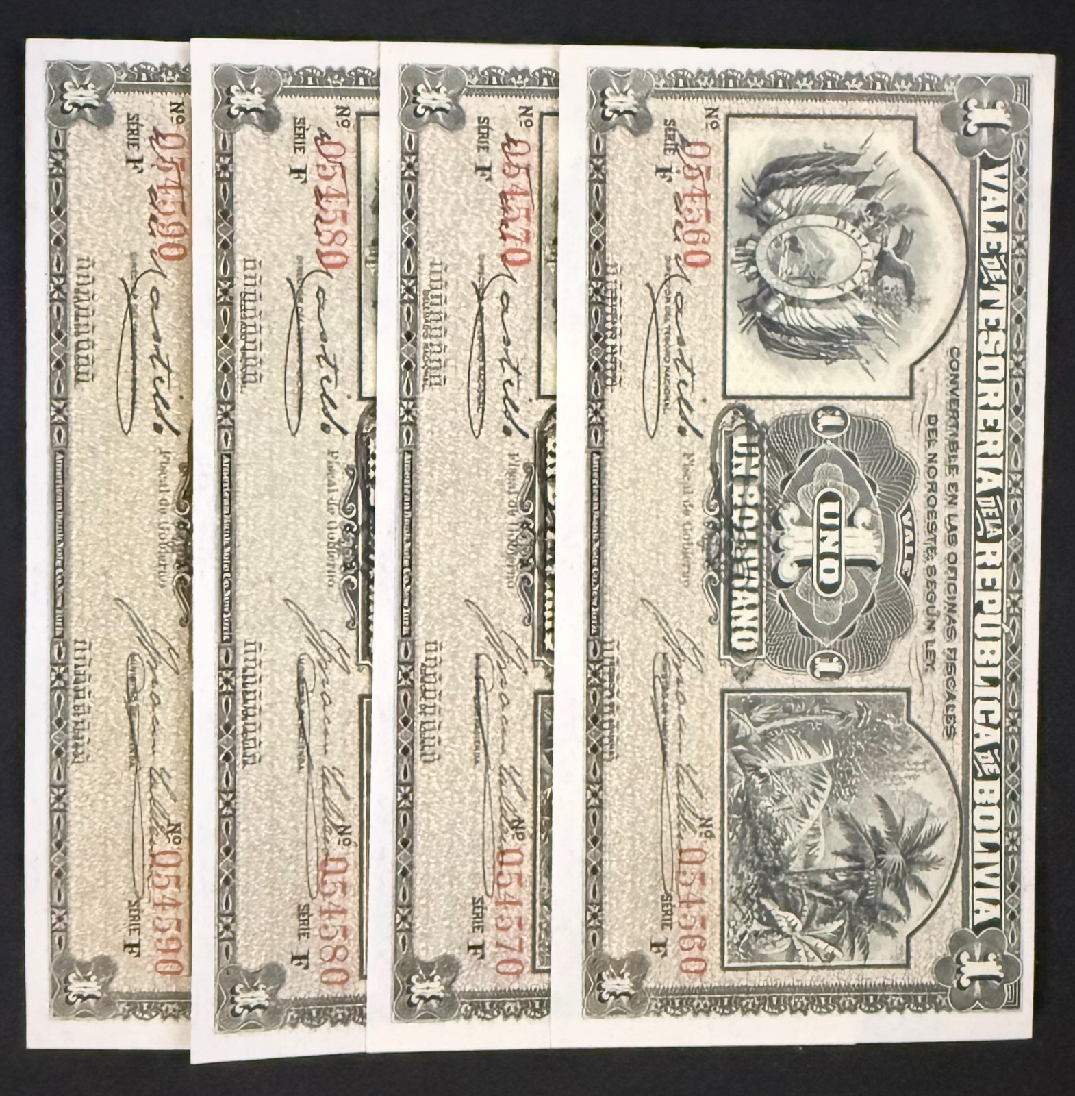 Bolivia 1 Boliviano P-92a 1902  UNC Red Serial S.America Currency NOTE EACH 1pc