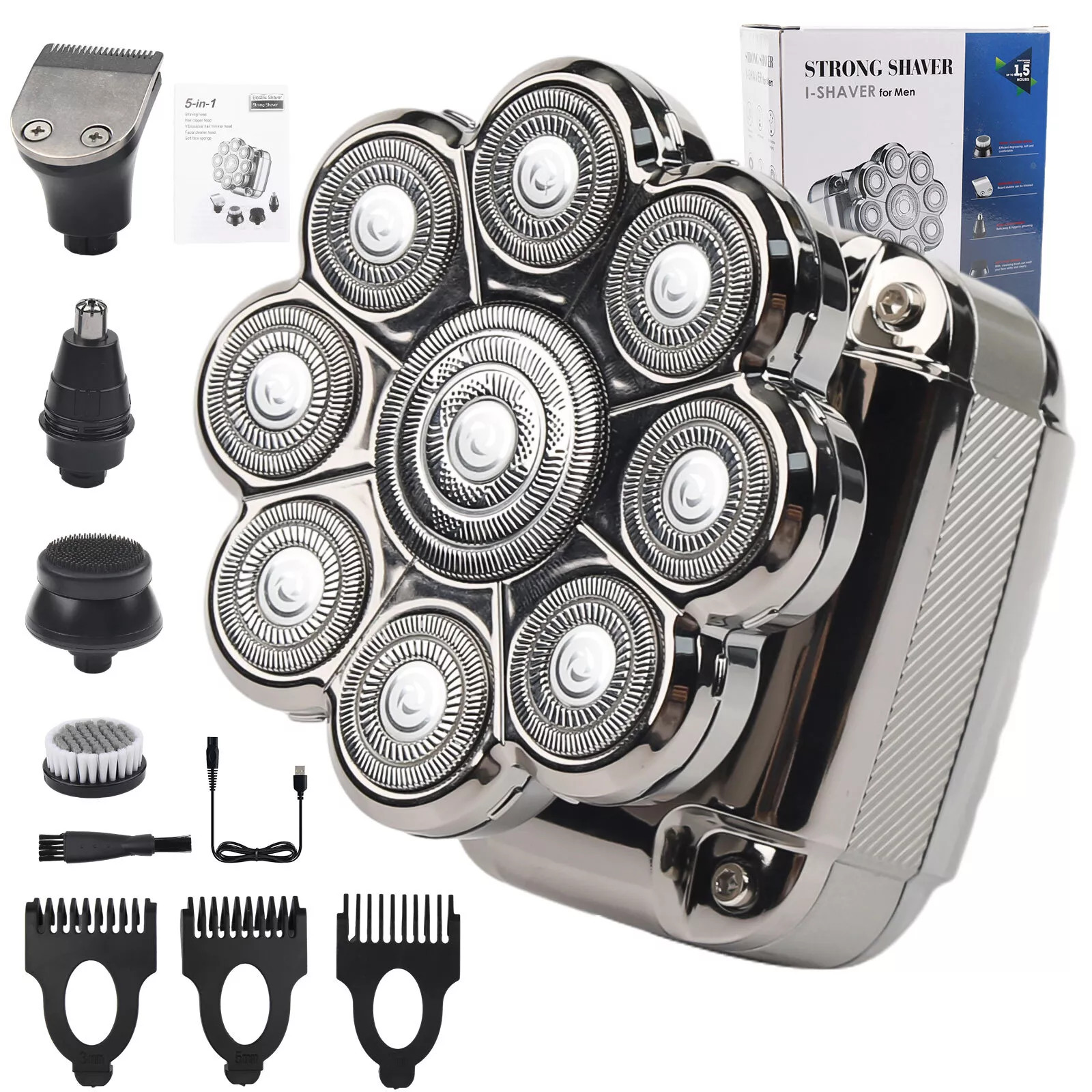 9D 5in1 Rotary Electric Shaver Cordless Hair Trimmer Bald Head Razor Men Wet Dry