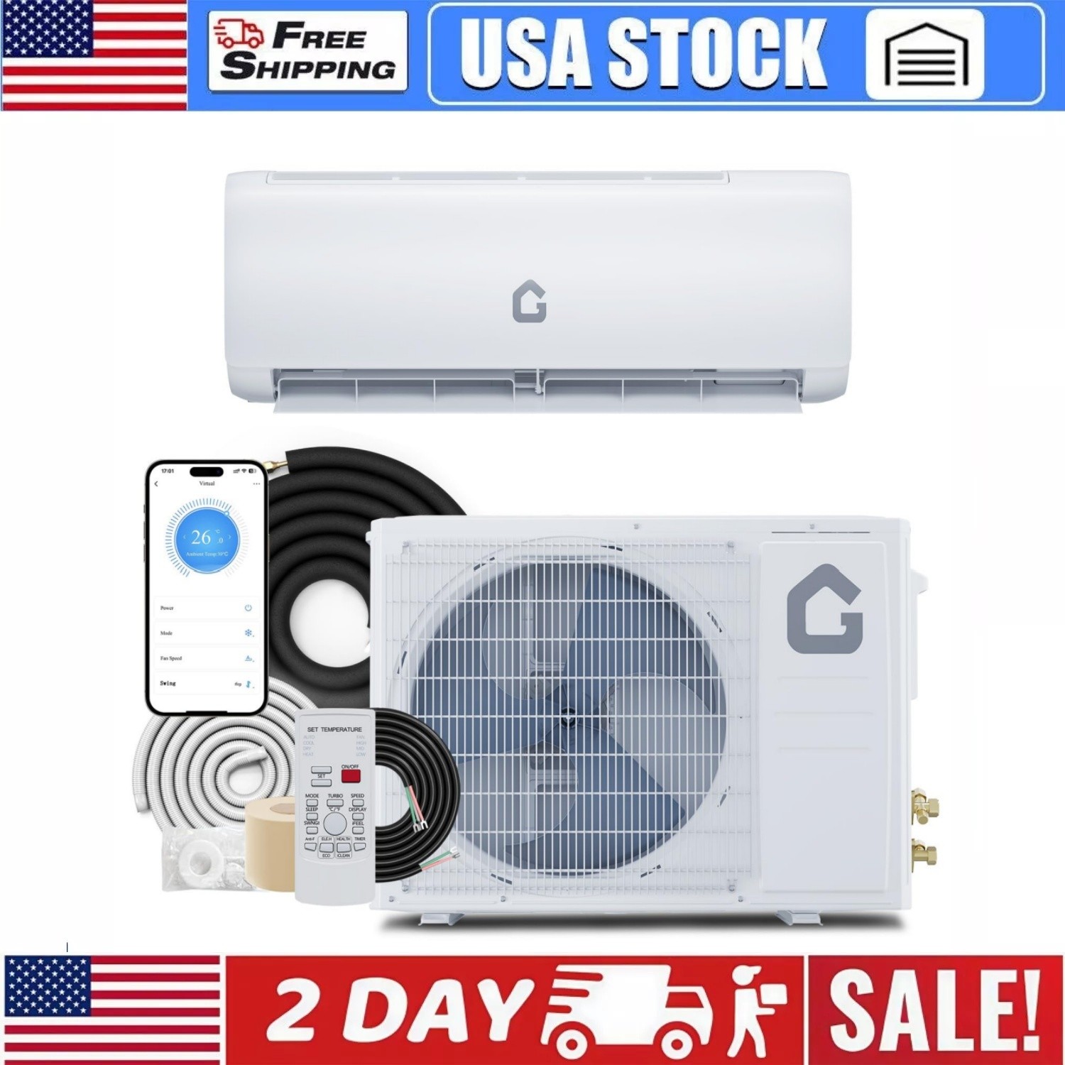 18000 Btu Ductless Mini Split Air Conditioner Heating & Cooling 1250 Sq.Ft WIFI