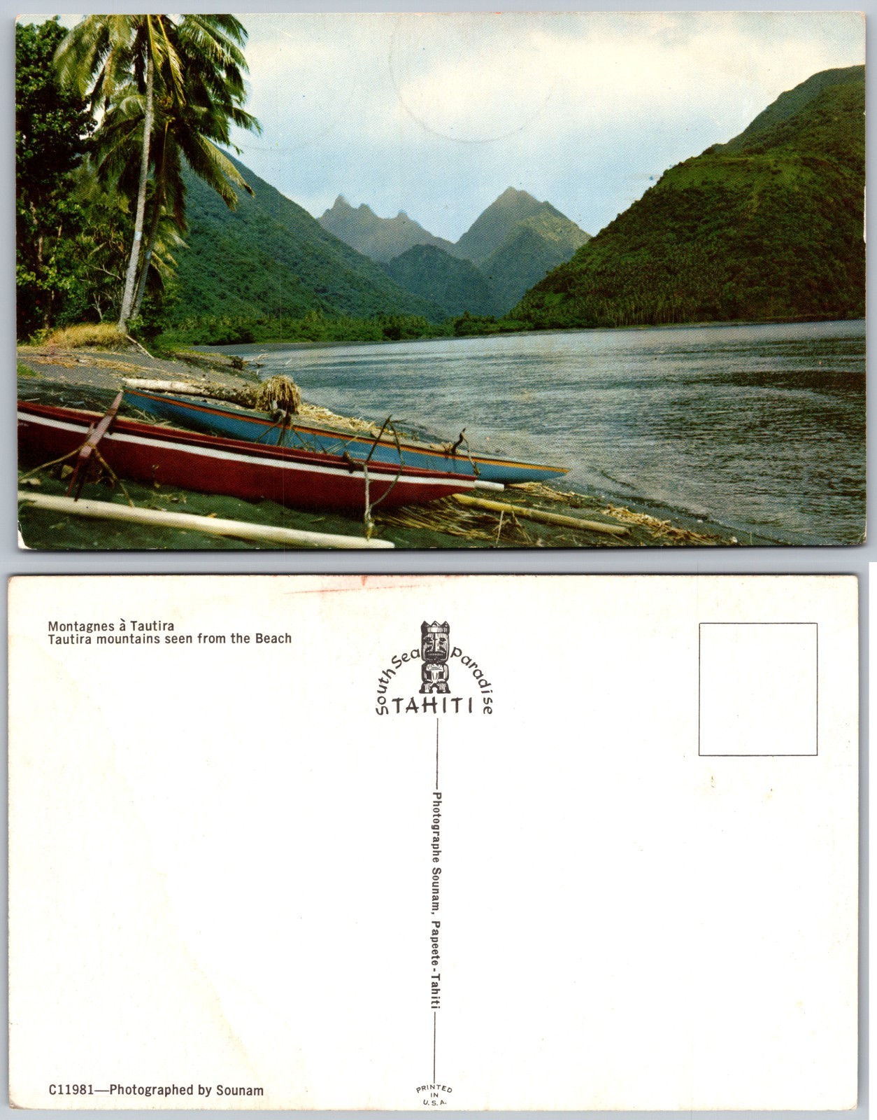 Tautira Mountains Tahiti Beach Outrigger Canoes Postcard