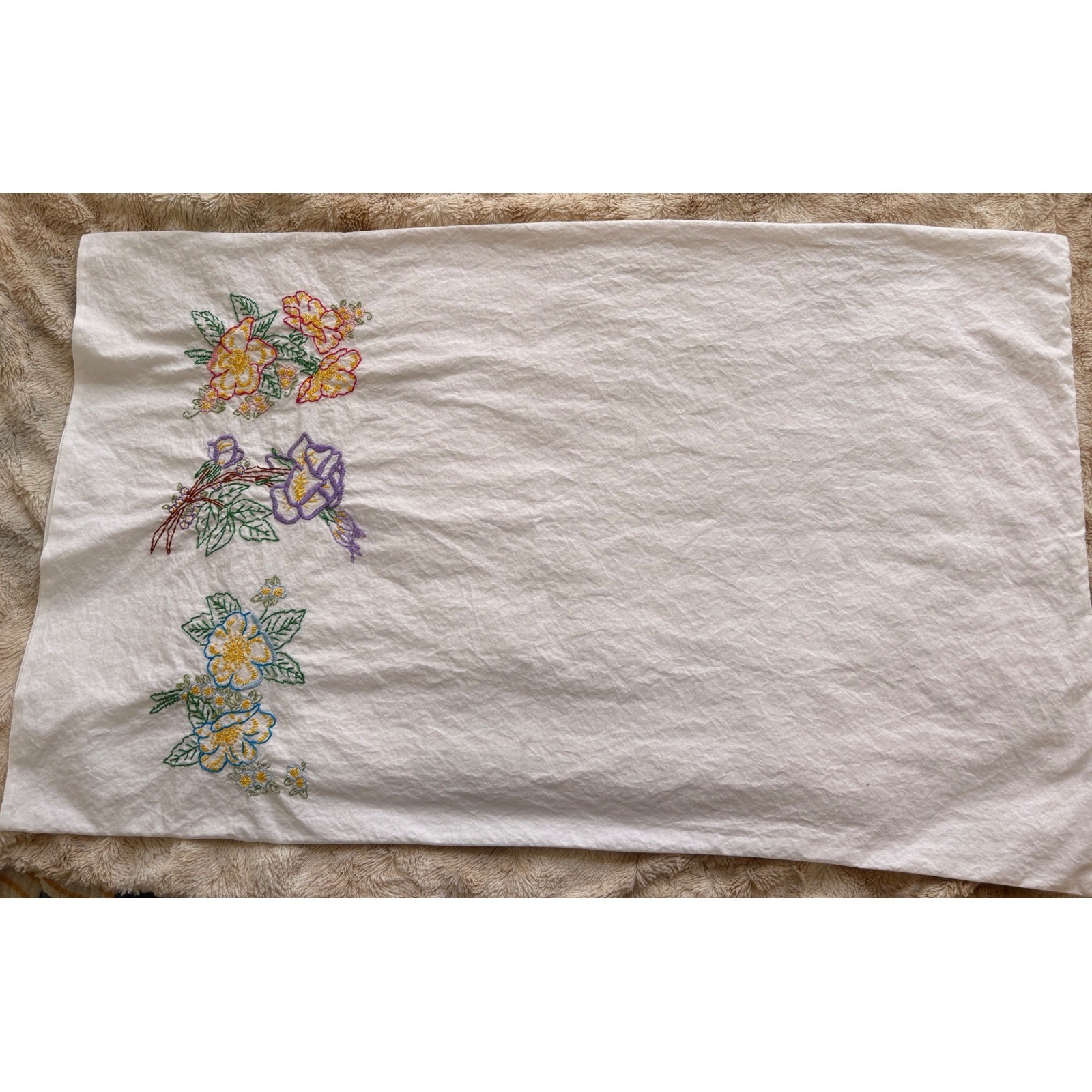 Vintage Hand Embroidered Floral White Cotton Pillowcase Cottagecore Farmhouse Vintage Hand Embroidered Floral White Cotton Pillowcase Cottagecore Farmhouse