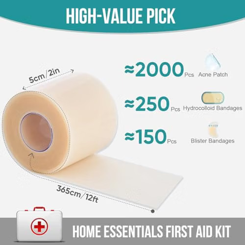 Hydrocolloid Roll for Wound Care, Hydrocolloid Patch Bandages (2in x 12ft)