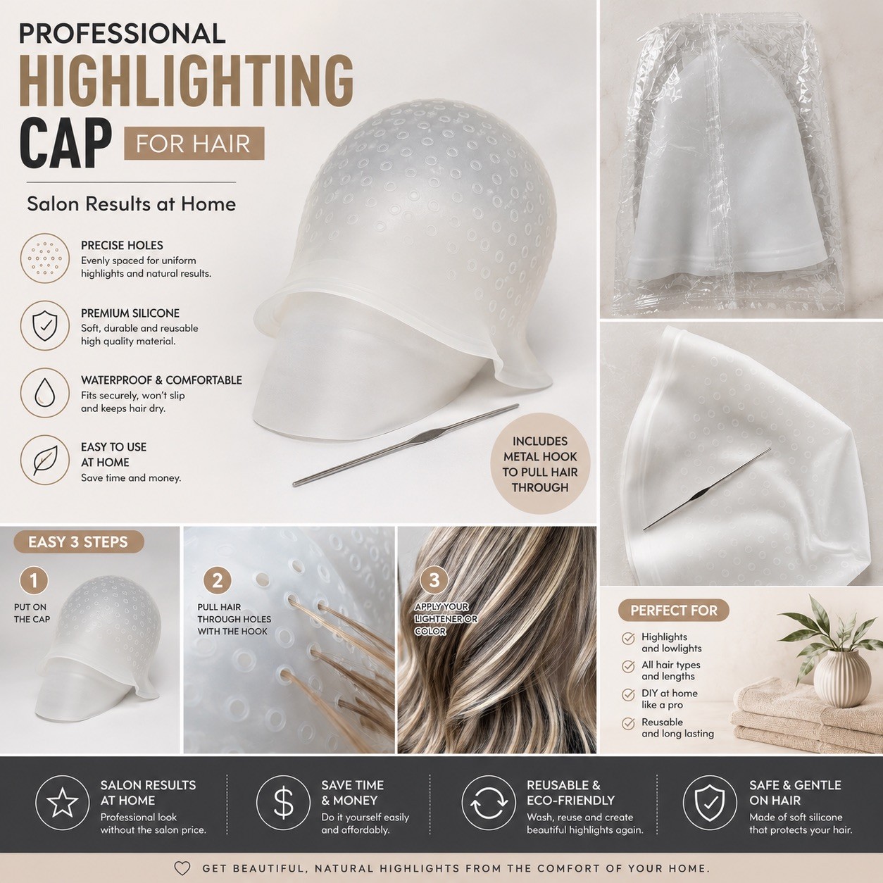White Reusable professional Highlighting Cap with Hook for hair new and sealed 