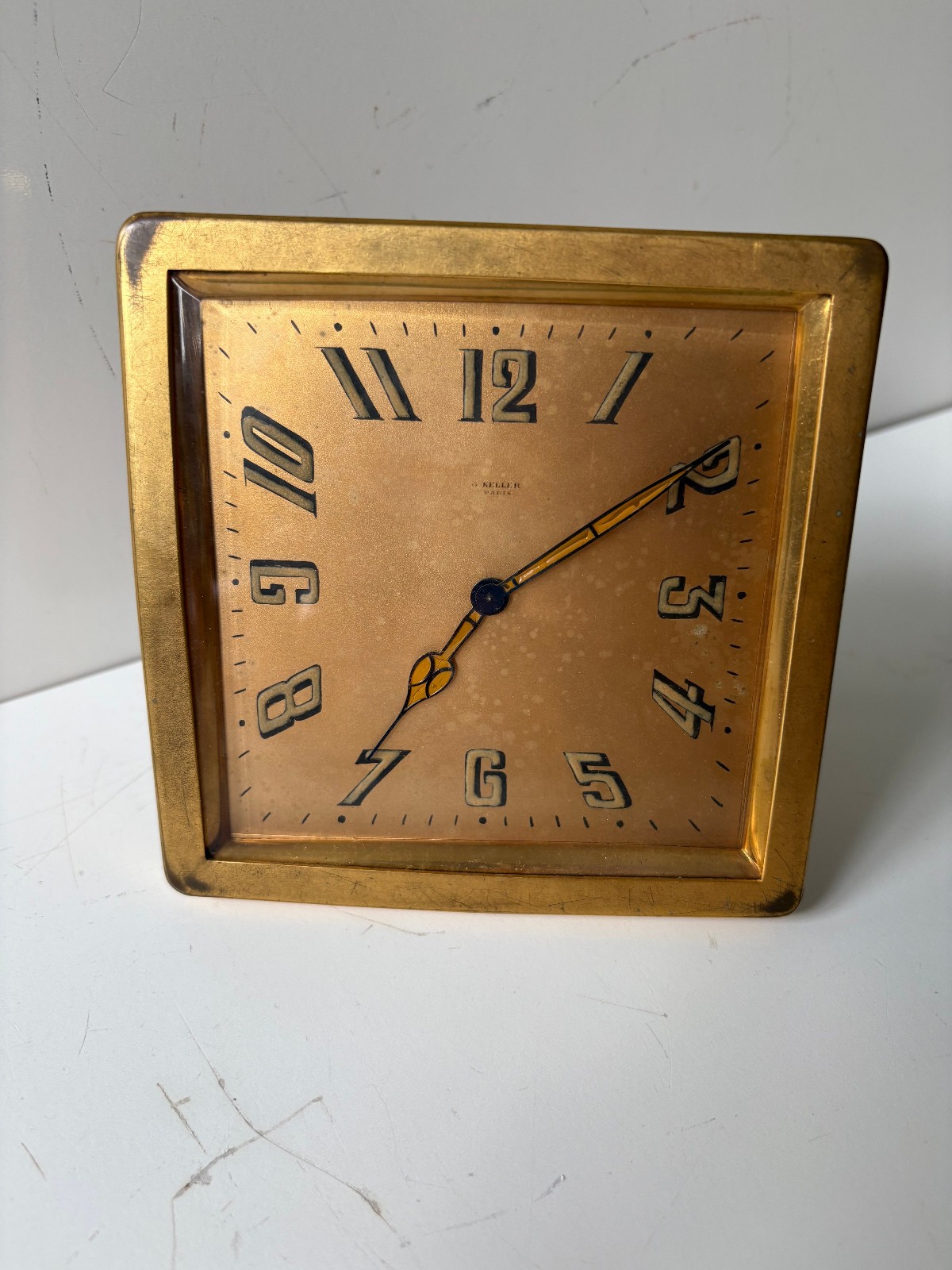 G. Keller, Paris Antique Brass Desk Clock Easel Back Stained Glass Hands Deco