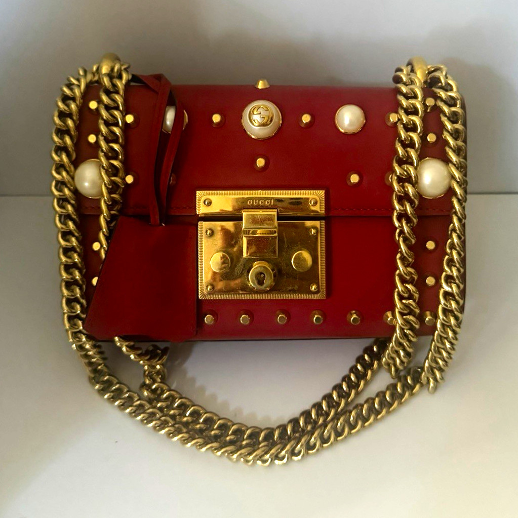 Gucci Pearly Padlock Small Hibiscus Red Leather Studded Pearl Chain Shoulder Bag