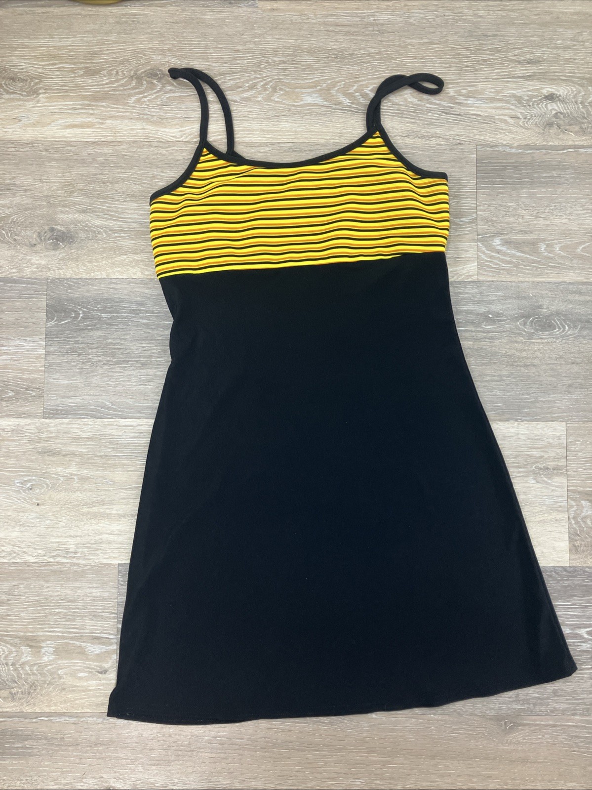 Byer Too Vintage Womens Mini Dress Medium Black Yellow Striped Stretchy VTG 90\'s Byer Too Vintage Womens Mini Dress Medium Black Yellow Striped Stretchy VTG 90\'s