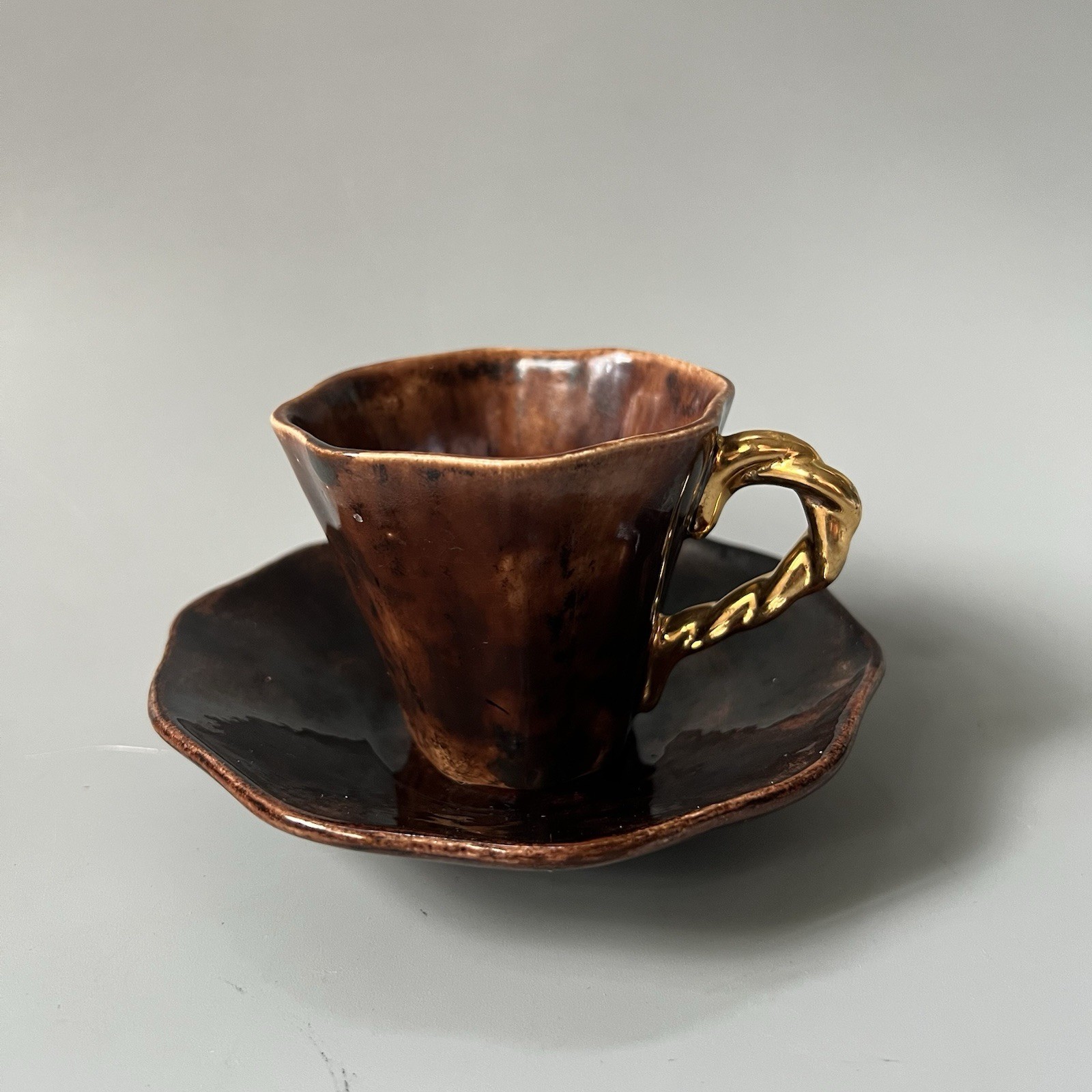 Vtg Studio Art Pottery Demitasse Espresso Cup Saucer Set Brown Gold Gilt Handle
