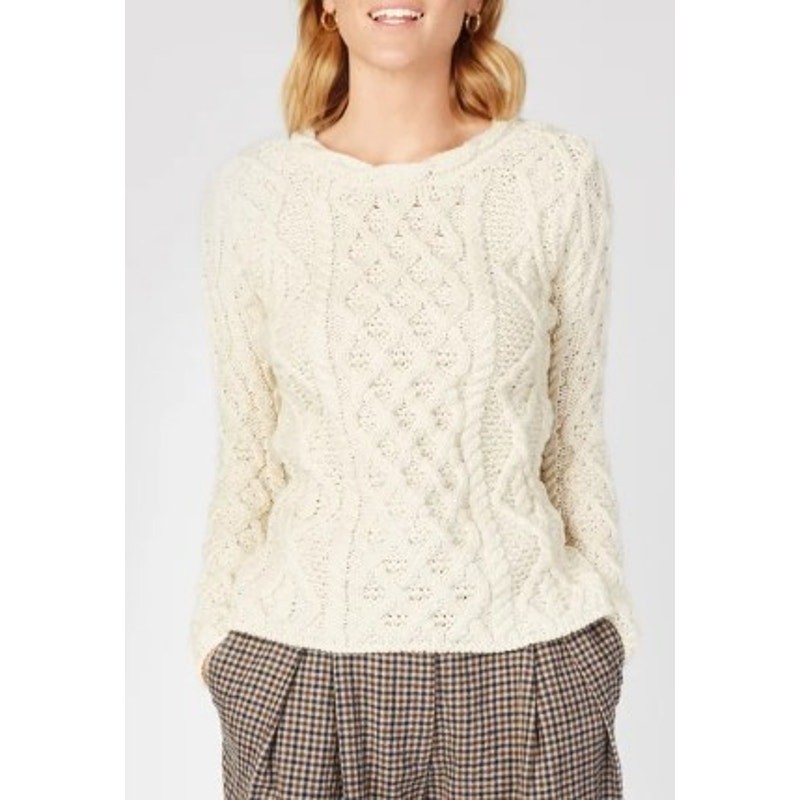 Irelands Eye Pure Wool Lambay Lattice Cable Aran Sweater Natural Womens Large
