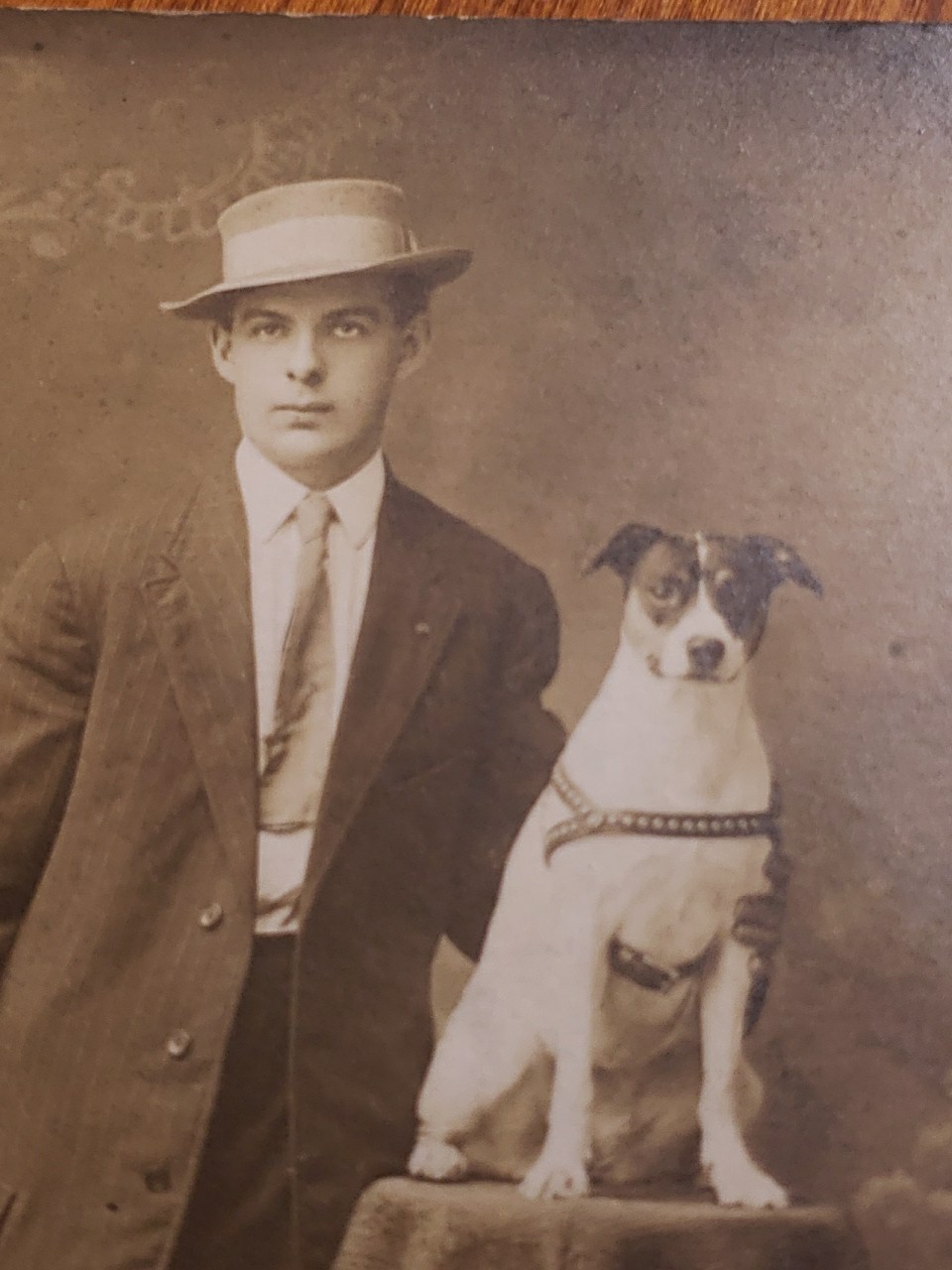 Antique 1910s Canton Ohio Studio RPPC Man Straw Boater Hat Jack Russell Dog