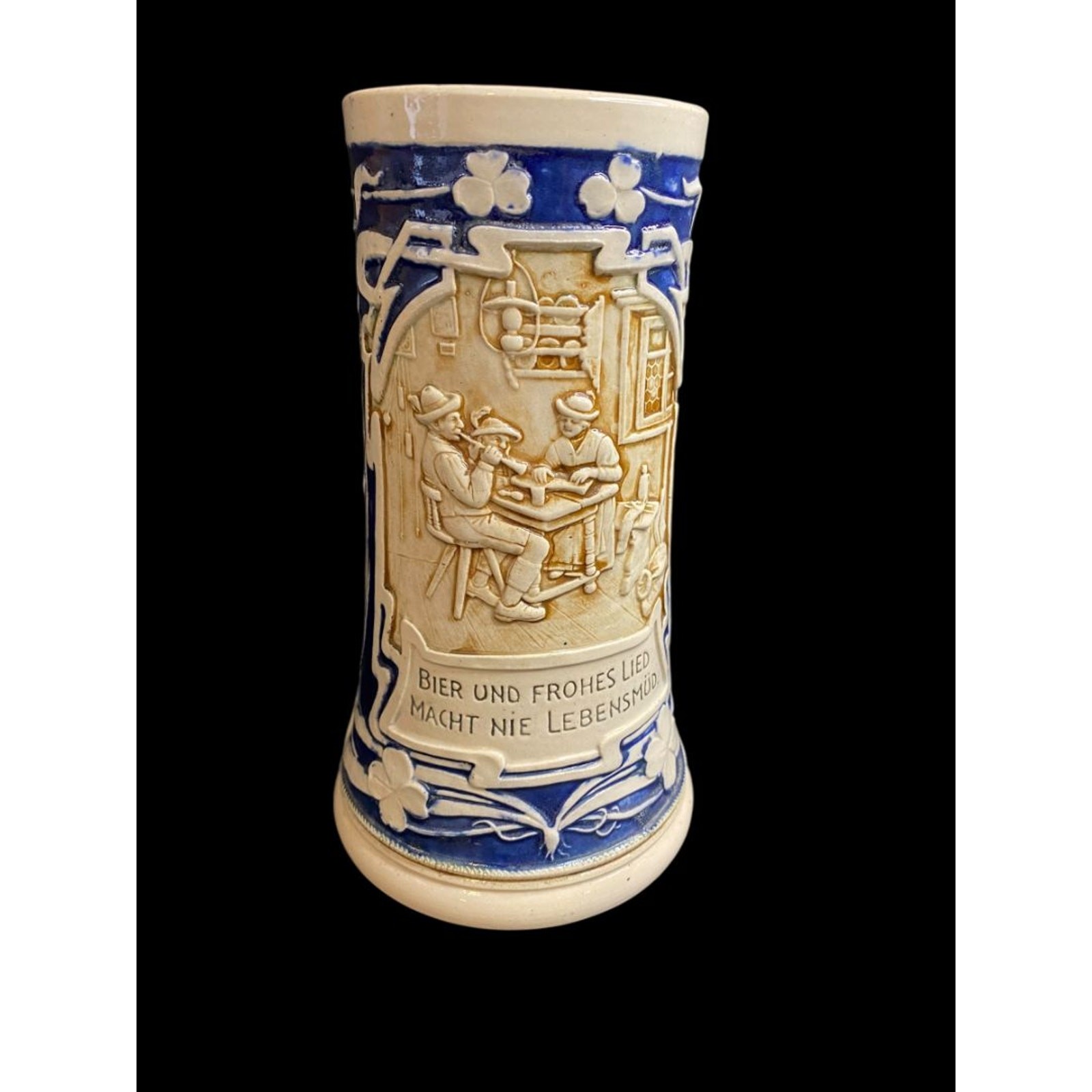 Vintage German Beer Stein Cobalt Stoneware Bier Und Scene in Relief Vintage German Beer Stein Cobalt Stoneware Bier Und Scene in Relief