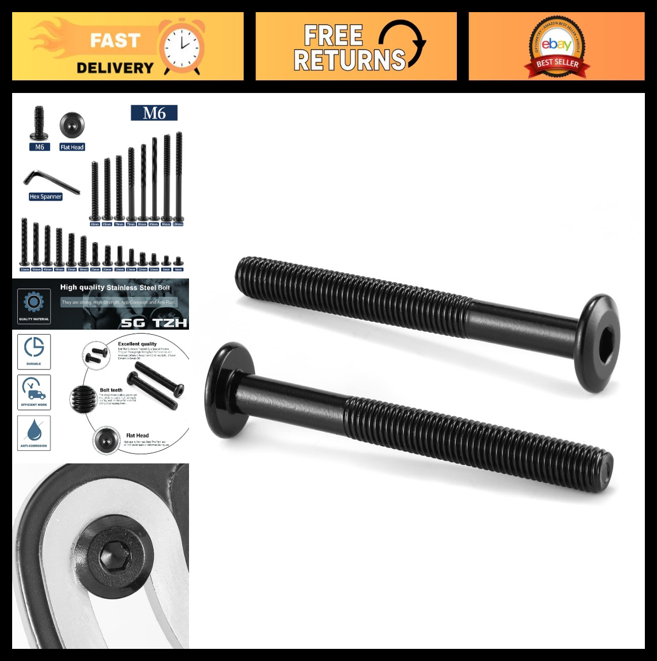 M6 x 65mm Flat Head Hex Socket Cap Screws - 20pcs, 304 Stainless Steel, Black Ox
