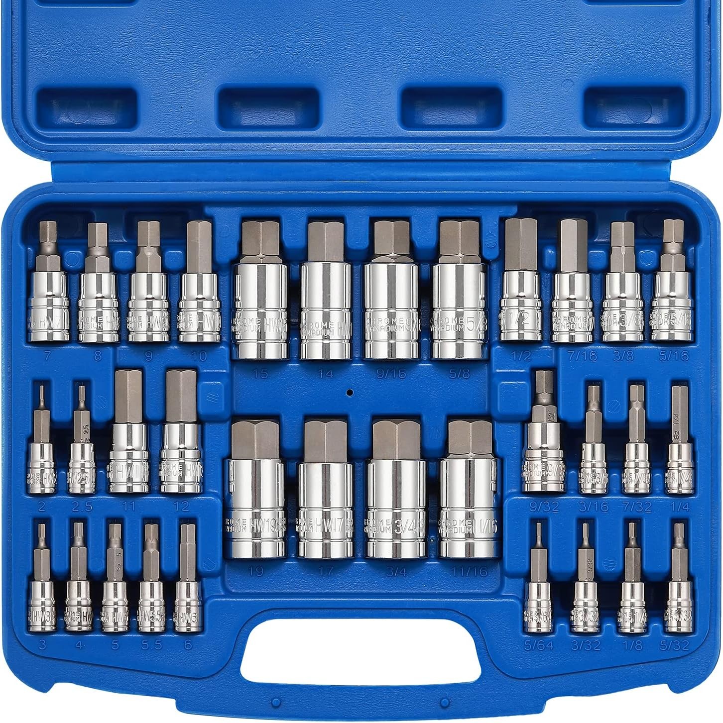 33PCS Master Hex Allen Bit Socket S2 Cr-V Steel SAE Metric 5/64-Inch to 3/4-Inch