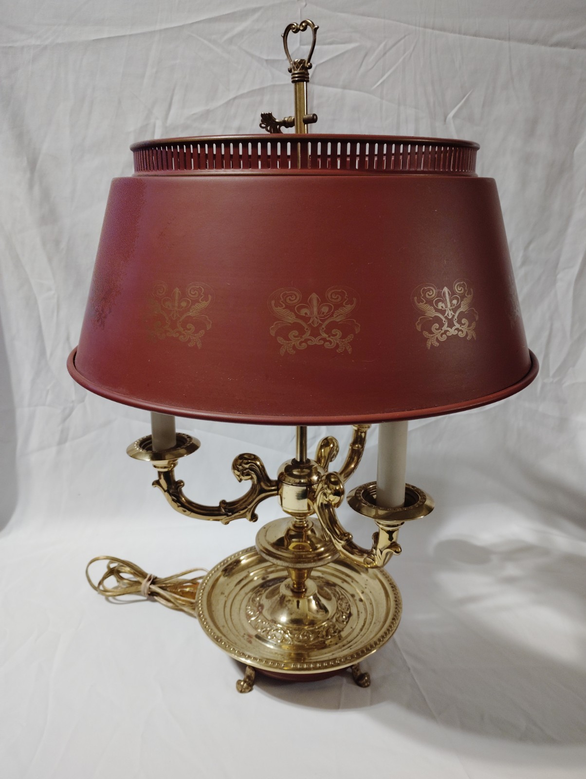 Antique French Bouillotte Lamp Gilt Bronze Three-Light Red Tole Shade Empire... Antique French Bouillotte Lamp Gilt Bronze Three-Light Red Tole Shade Empire...