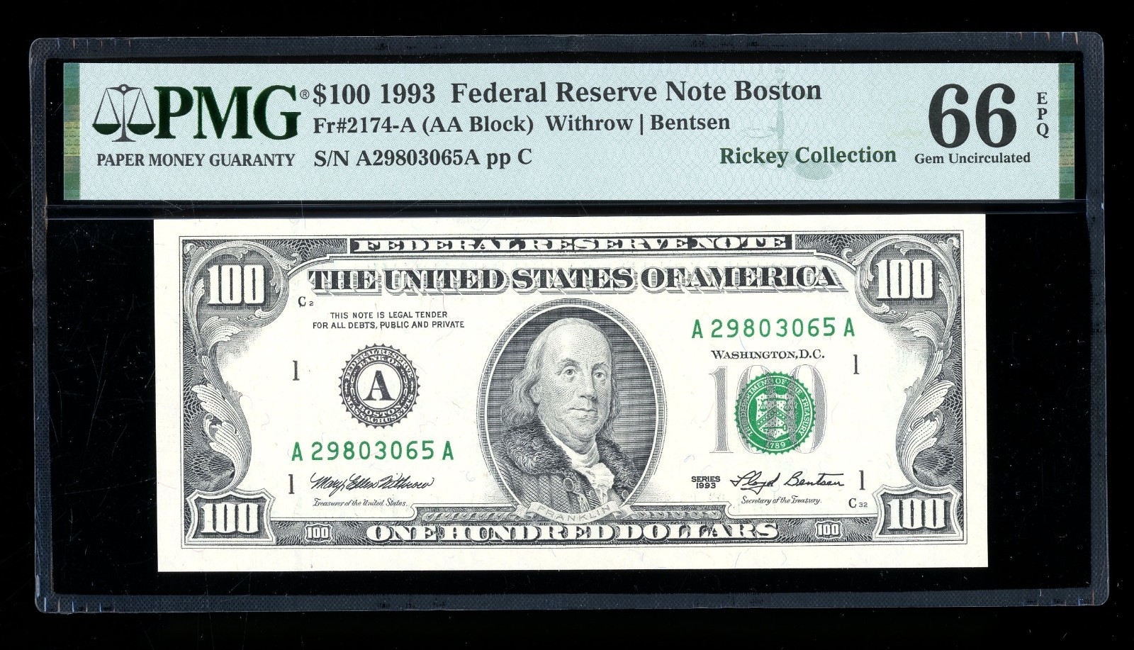 DBR 1993 $100 FRN Boston Gem Fr. 2174-A PMG 66 EPQ Serial A29803065A