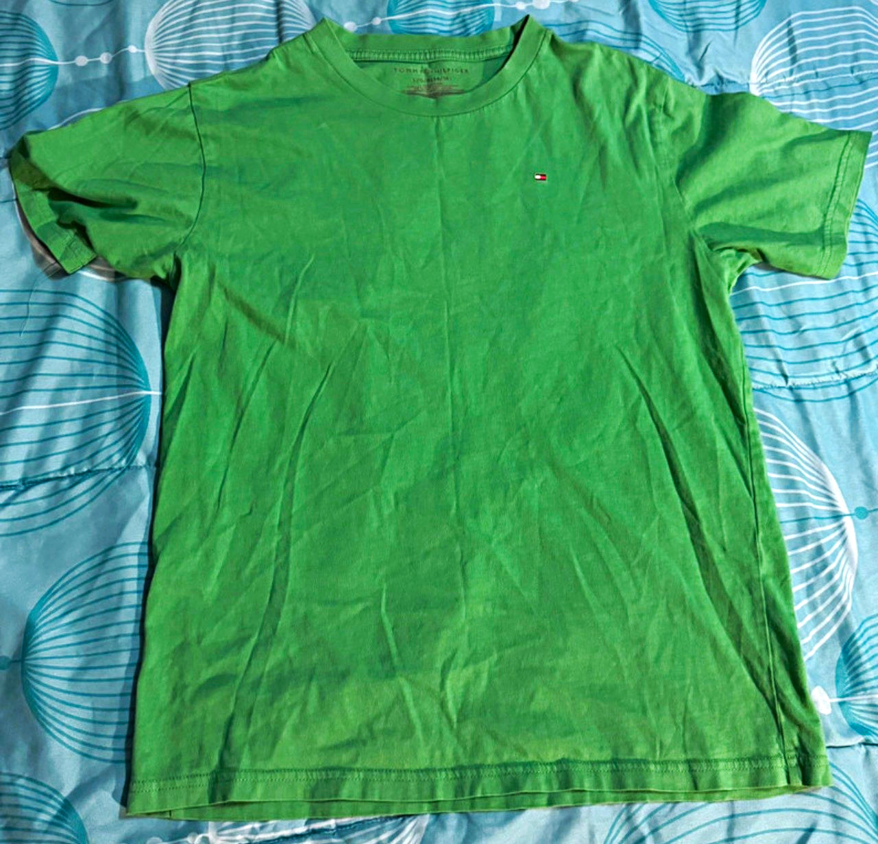 Tommy Hilfiger Boys L Green Crew Neck Short Sleeve Cotton Logo T-Shirt