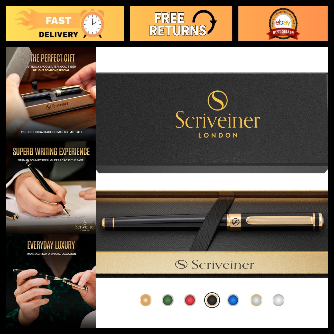 Luxury Black Lacquer Rollerball Pen, Real Gold Plating, Schmidt Ink Refill, Gift