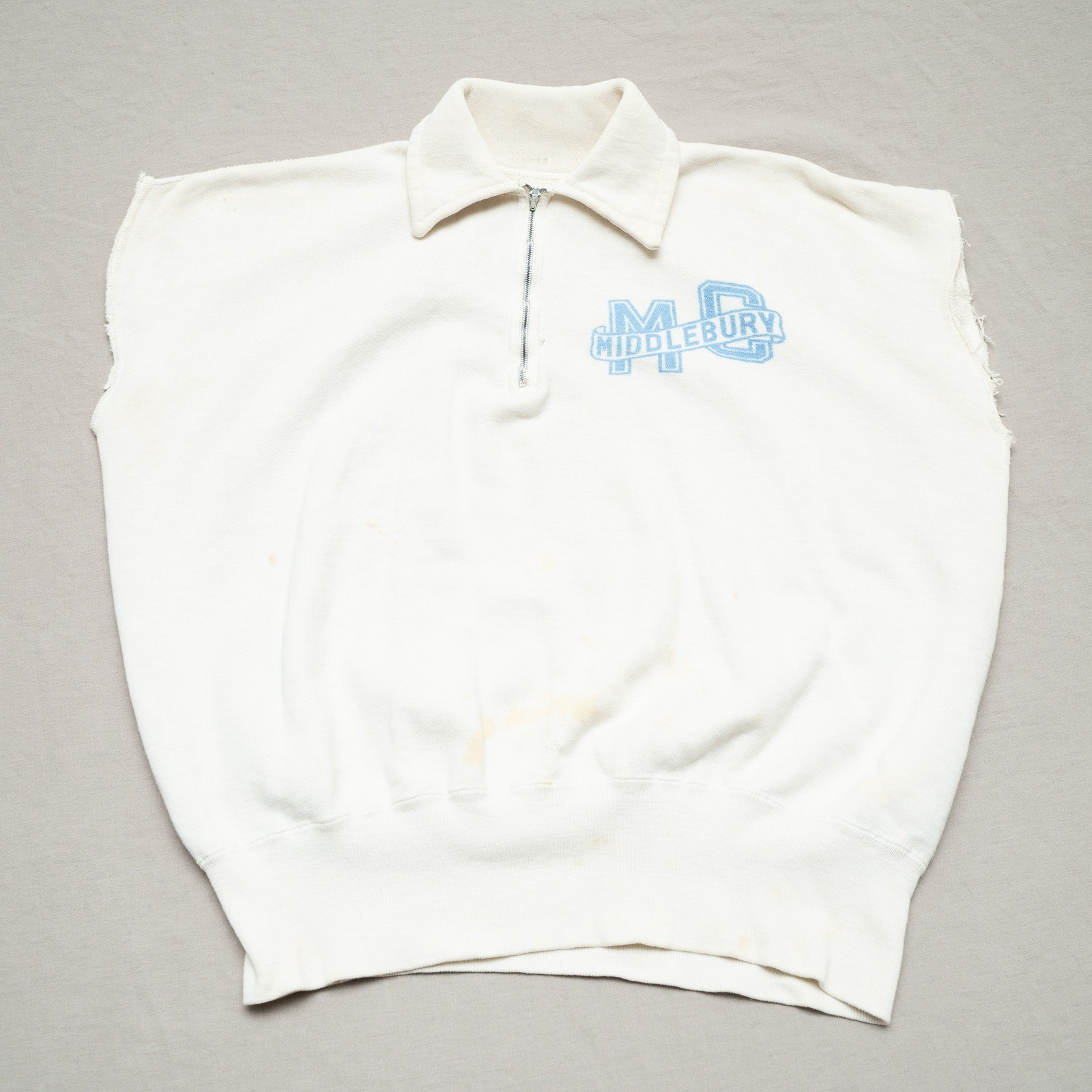 Vintage 40s 50s 1/4 Zip Sweatshirt Crown Zipper Middlebury Water Print No Sleeve