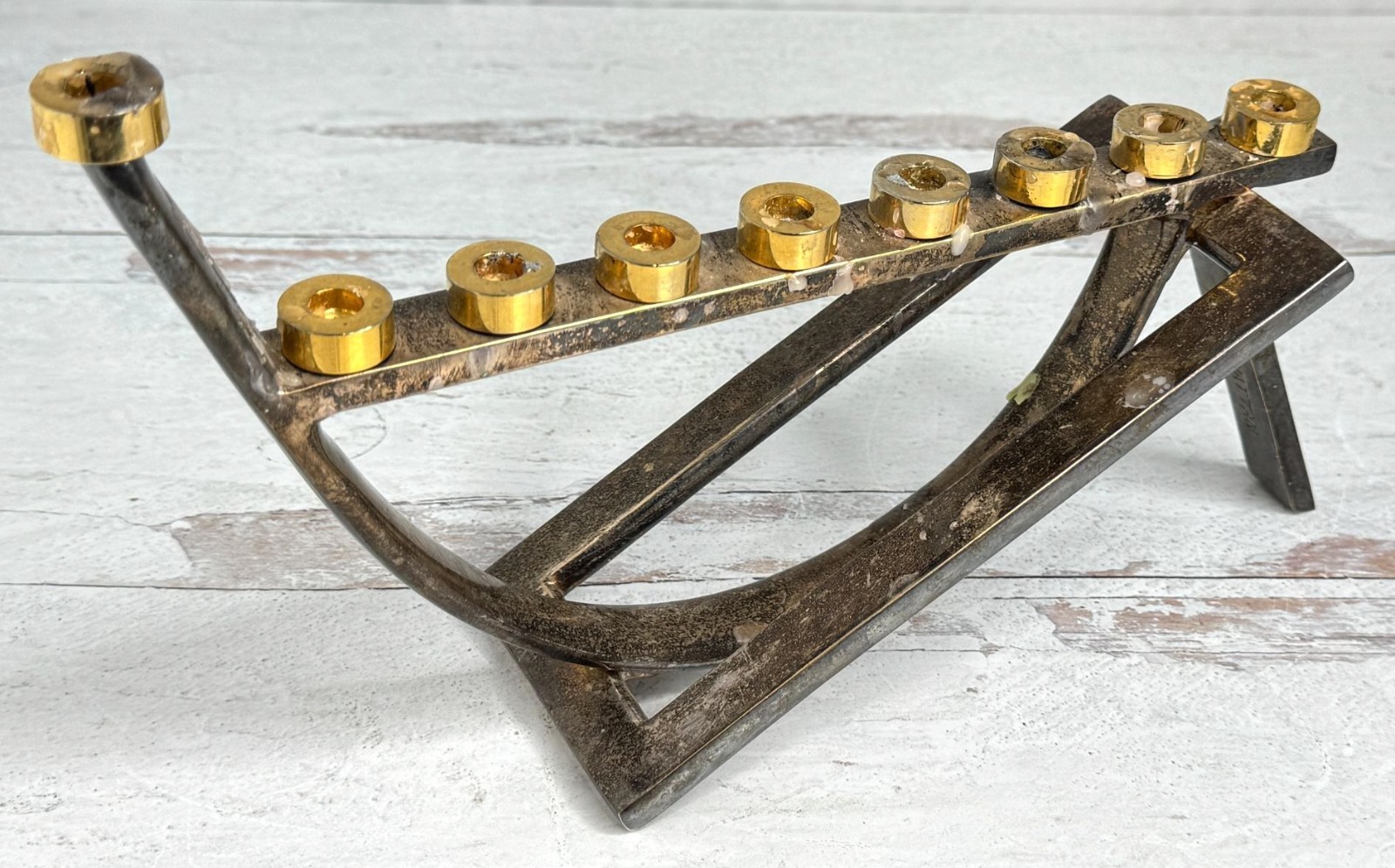 Vintage MCM Sami Ghattan Modernist Metal Hanukkah Menorah Judaica Jewish