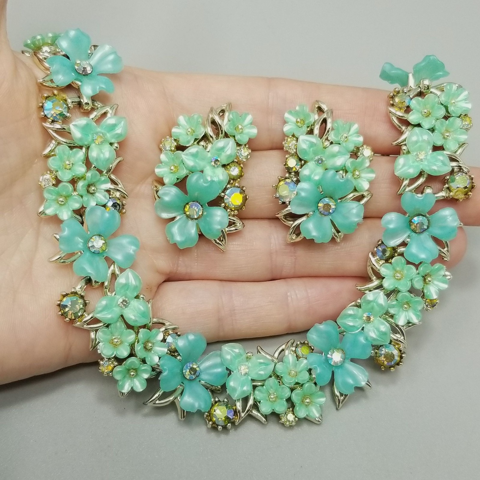 Vintage ART Signed Blue Green Rhinestone Flower Necklace Clip On Earring Set